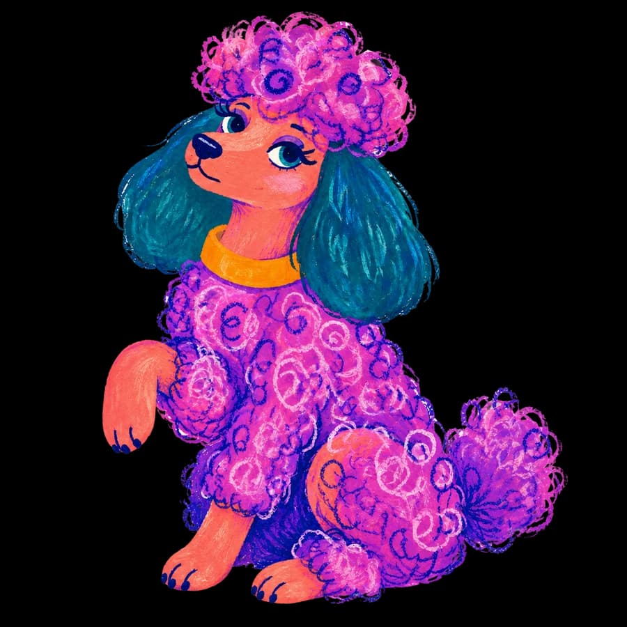 An illustrated purple poodle with teal ears, coral paws, and a bright orange collar