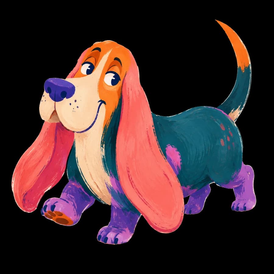 A colorful illustrated Basset Hound with long coral ears