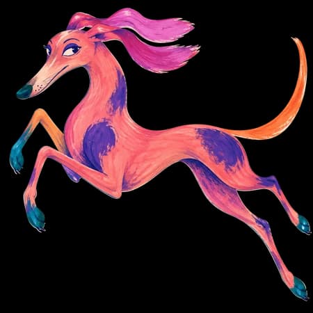 A small illustrated Greyhound leaping over the moon